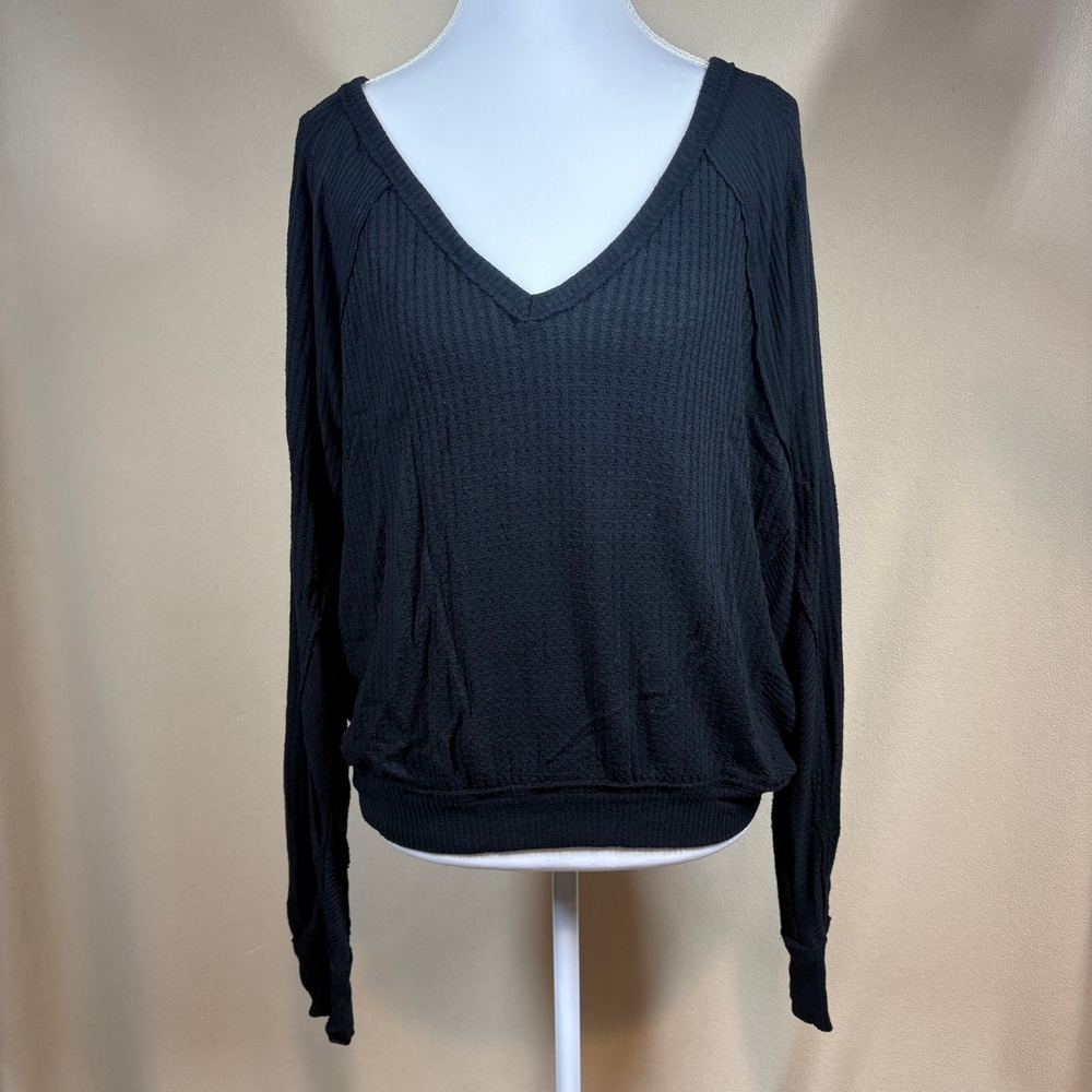 We the Free Deep V Waffle Knit Dolman Sleeve Oversized Top Sz Sm Cozy Comfort